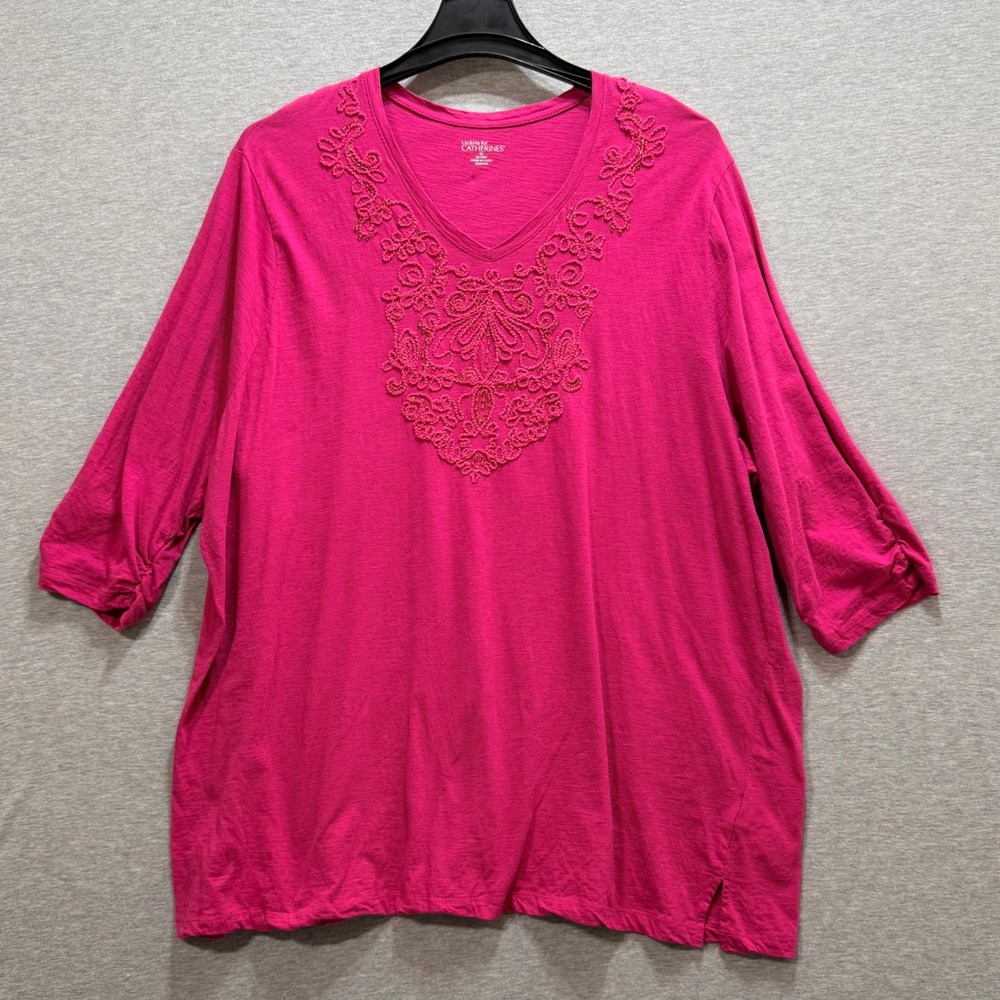 Catherines Liz & Me Embroidered V-Neck Top Womens 3X Pink Beaded Boho 3/4 Sleeve